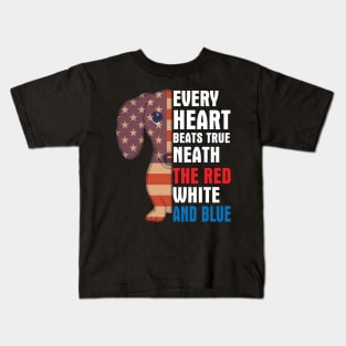 Dachshund Every Heart Beats True Neath The Red White And Blue Happy Independence July 4th Day Dogs Kids T-Shirt